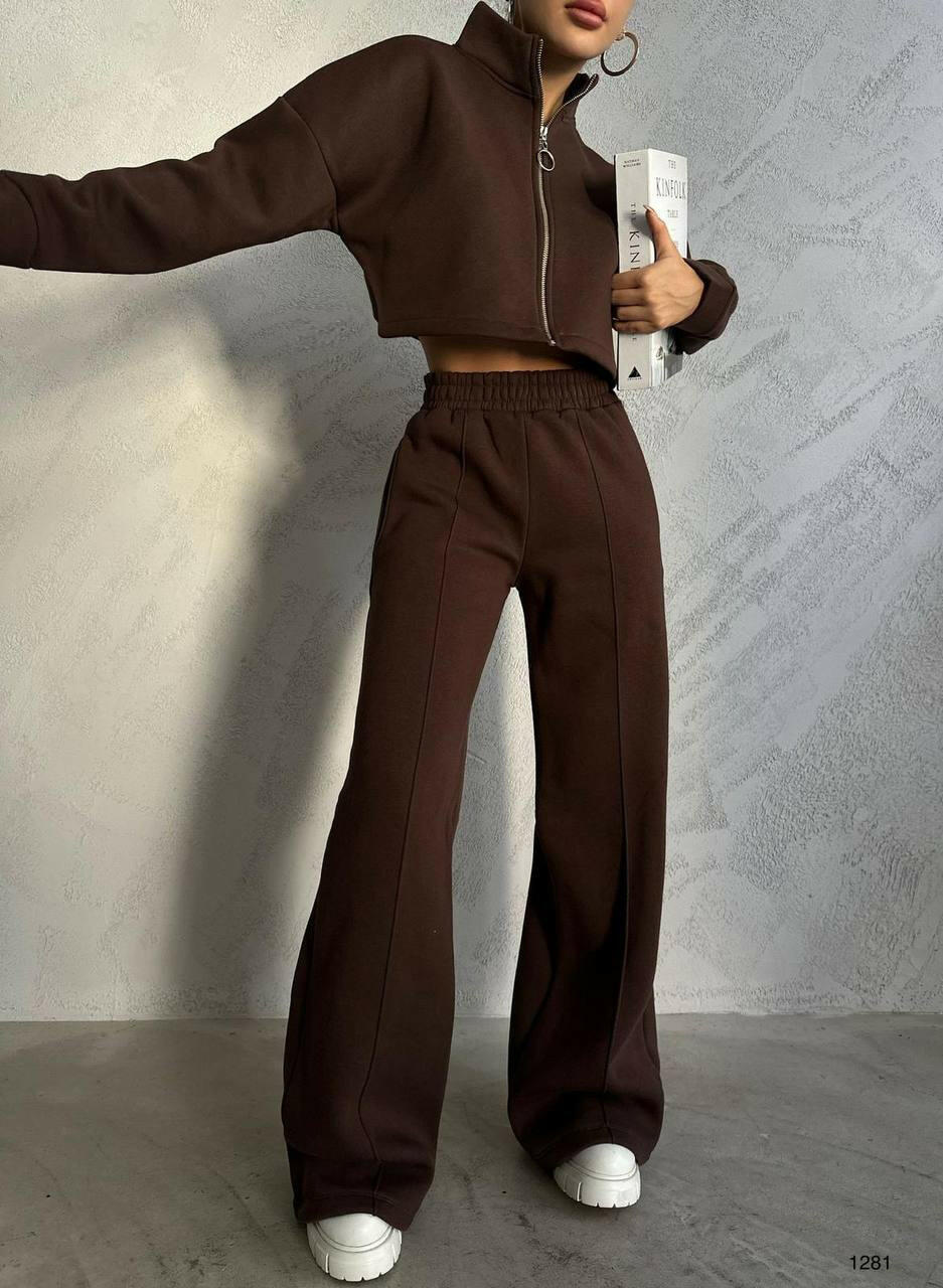 Zipper Detail Crop Sweat Wide Leg Trouser Tracksuit Brown Color - Noxlook