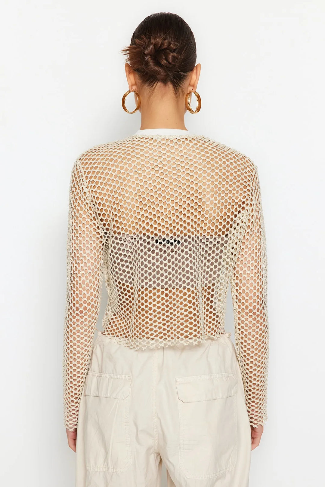 Beige Mesh Relaxed Cut Crew Neck Crop Knitted Blouse