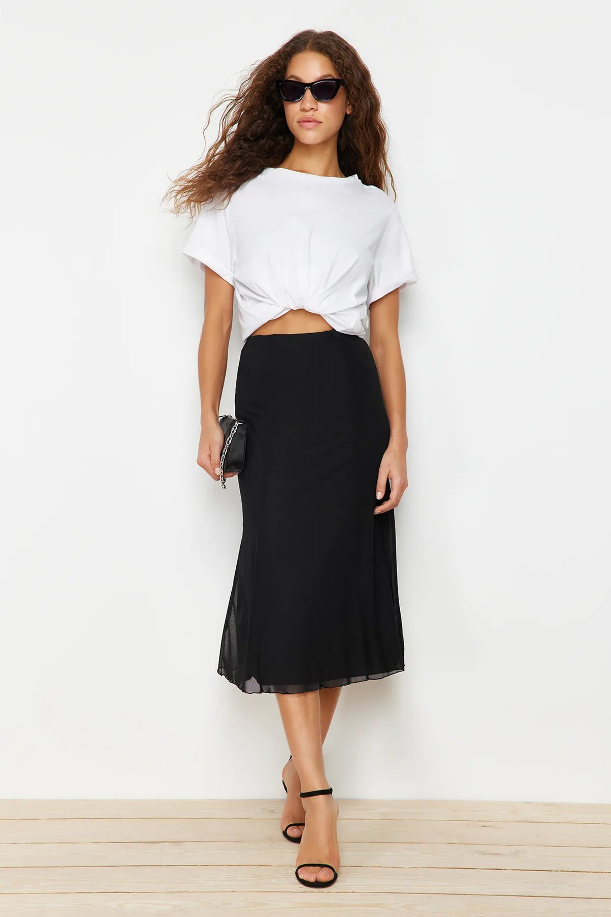 Black Lined Tulle Maxi Knitted Skirt