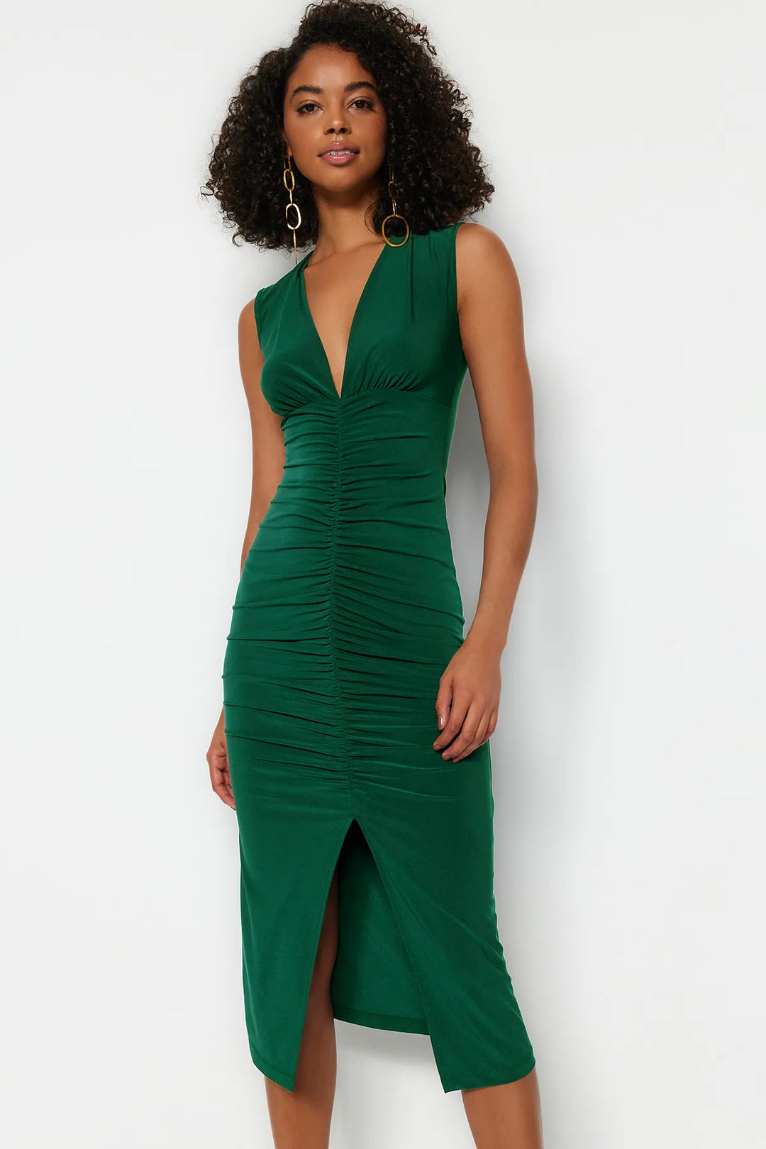 Gathered Fitted Green Midi Stretch Knitted Dress