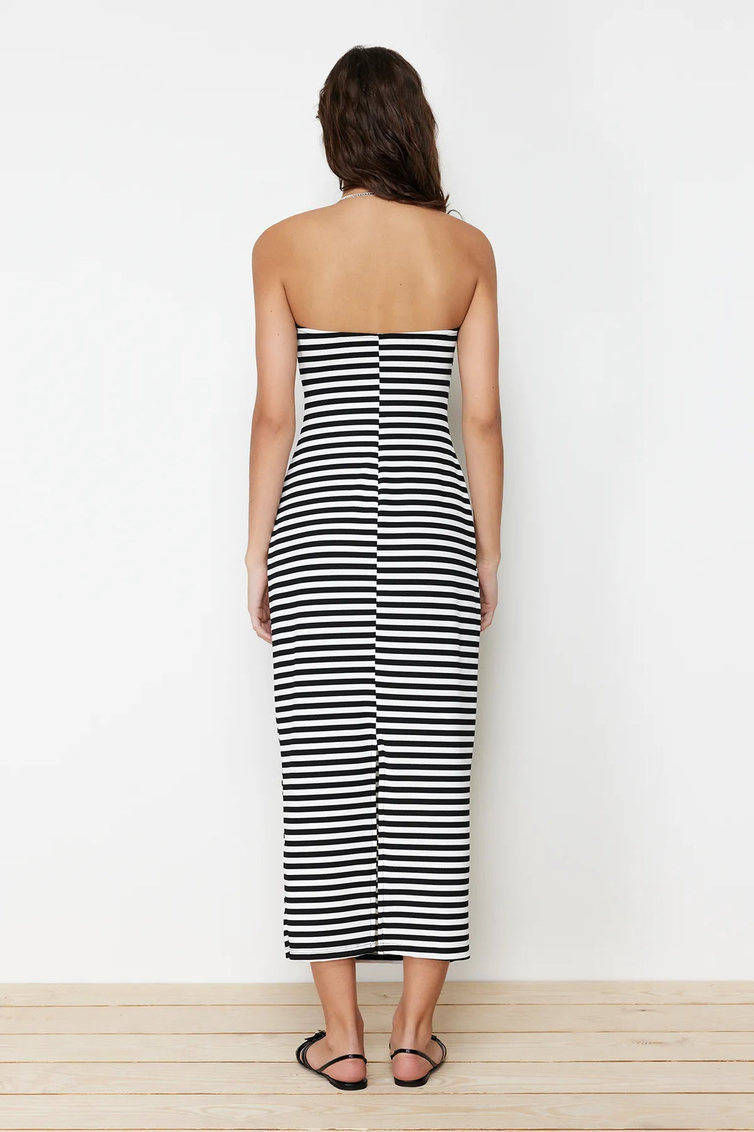 Black Striped Strapless Flexible Maxi Knitted Dress