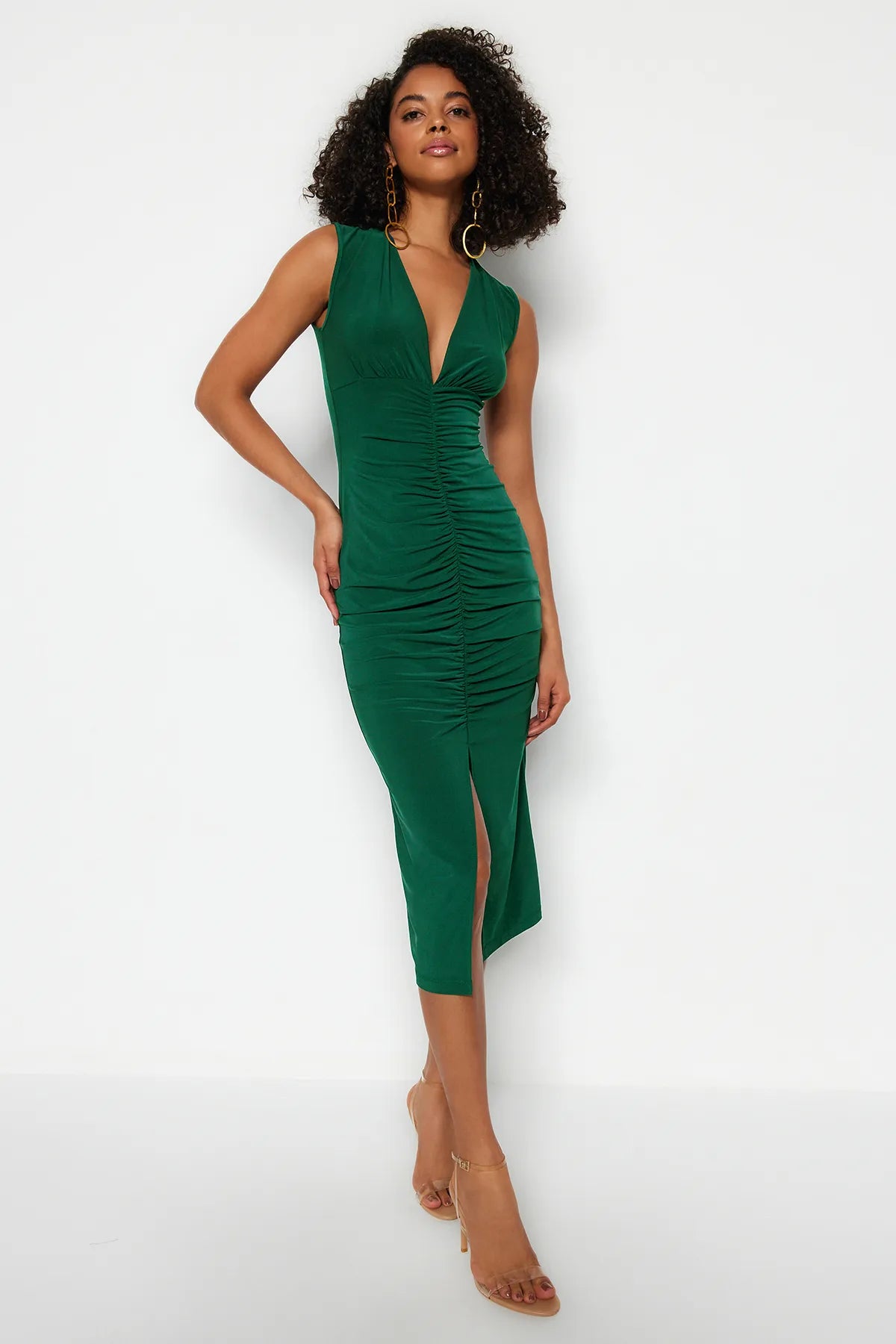 Gathered Fitted Green Midi Stretch Knitted Dress
