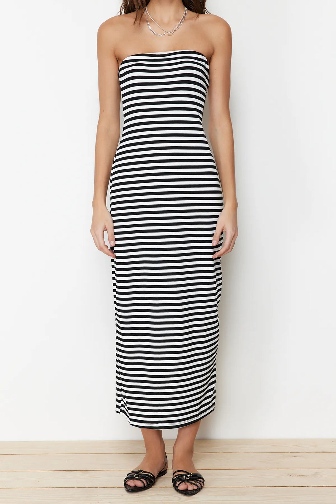 Black Striped Strapless Flexible Maxi Knitted Dress