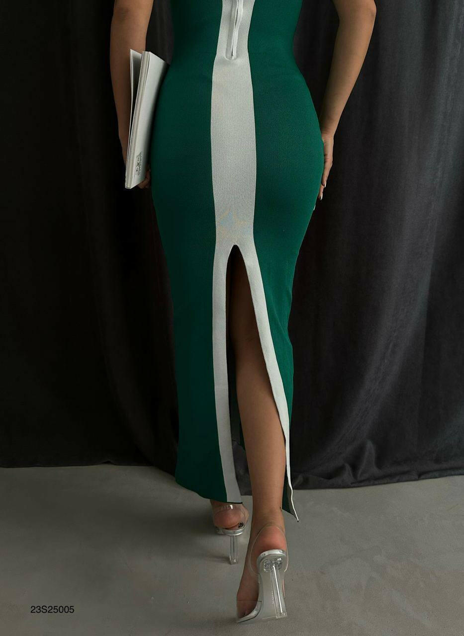 Double Color Back Slit Side Detail Dress BF23S25005 Green-White.