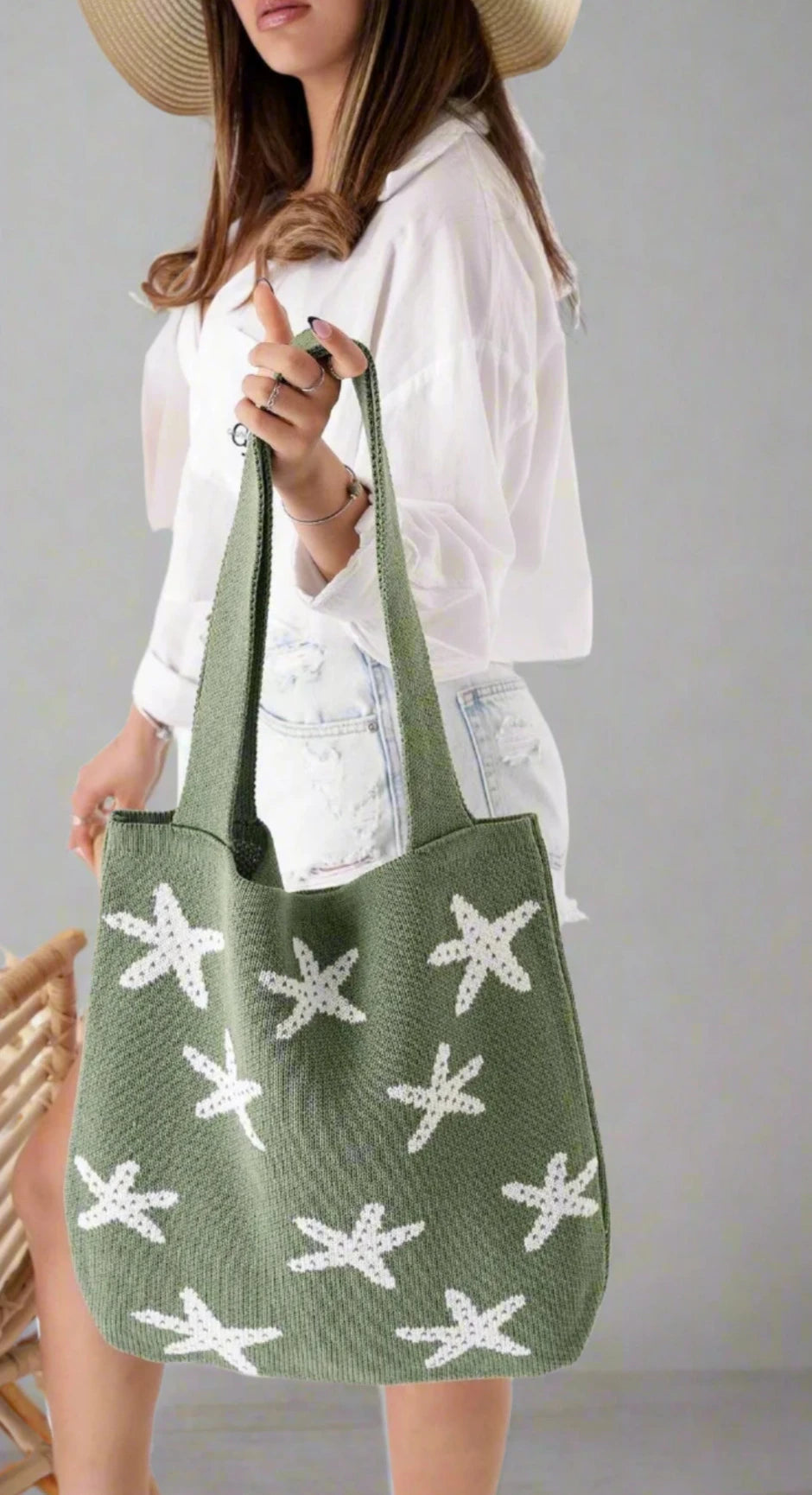 Starfish Jacquard Patterned Knitwear Hand & Shoulder Beach Bag
