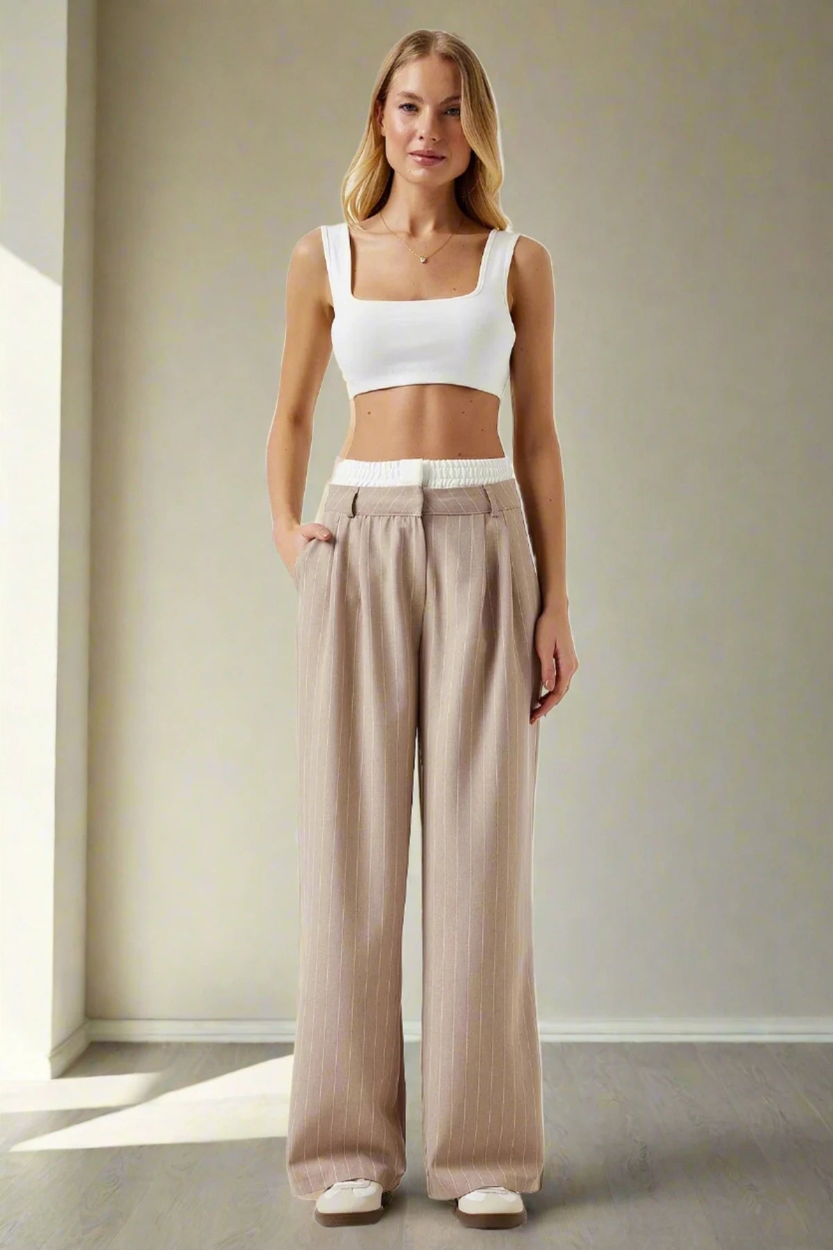 Striped Woven Trousers with Contrast Waist Detail