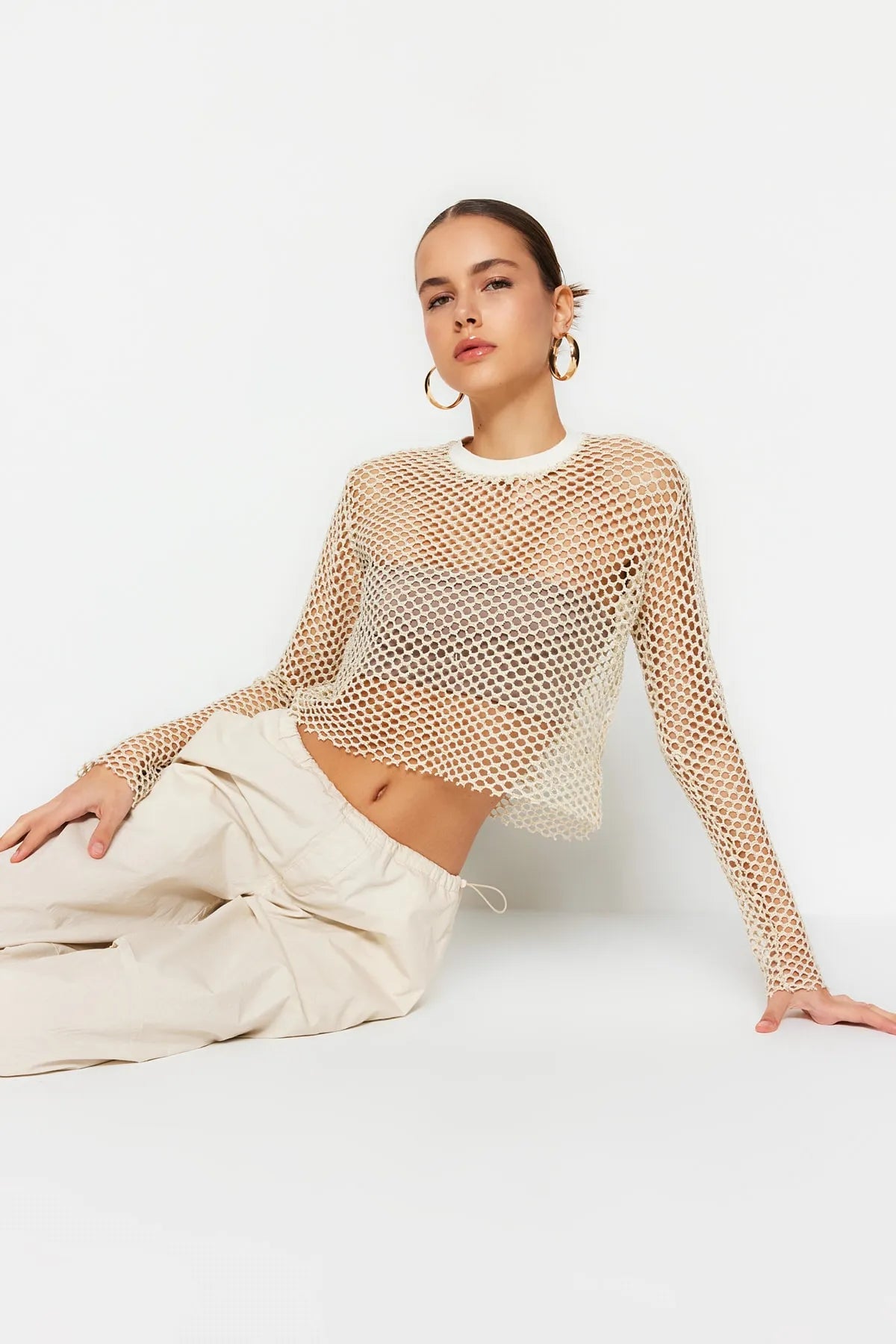 Beige Mesh Relaxed Cut Crew Neck Crop Knitted Blouse