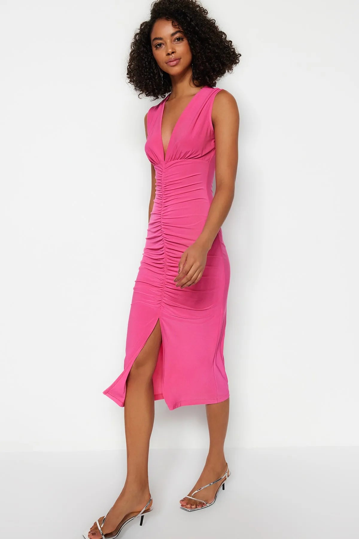 Gathered Fitted Pink Midi Stretch Knitted Dress