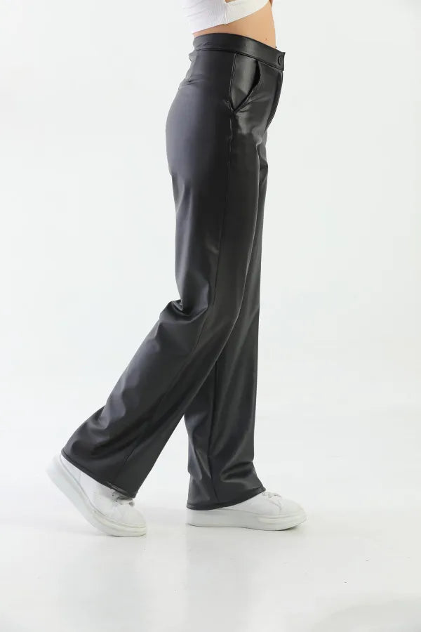 Black Leather High-Waisted Wide-Leg Pants with Lining