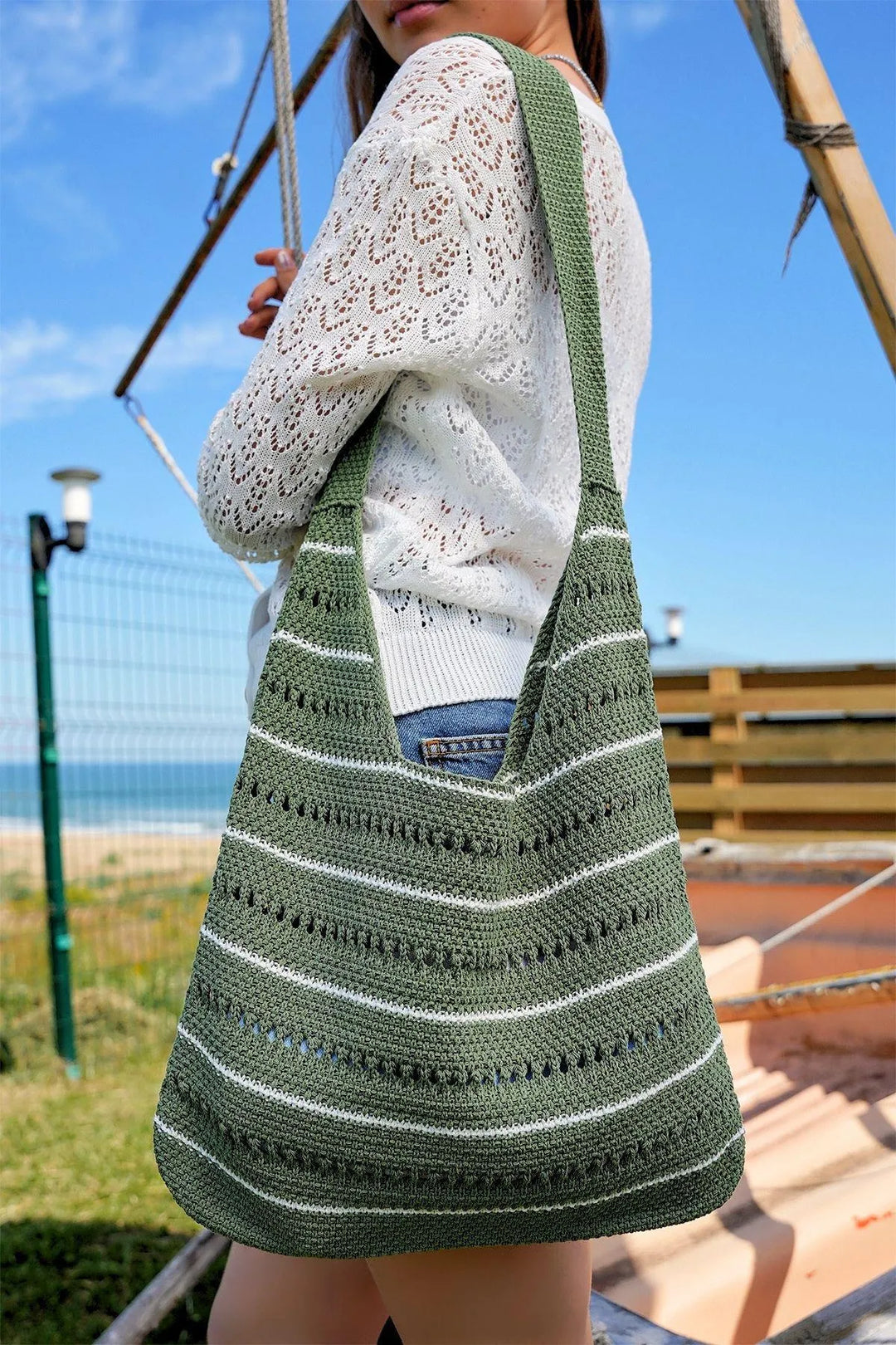Striped Knitwear Cross Strap Casual Hand&Shoulder And Beach Bag Green White