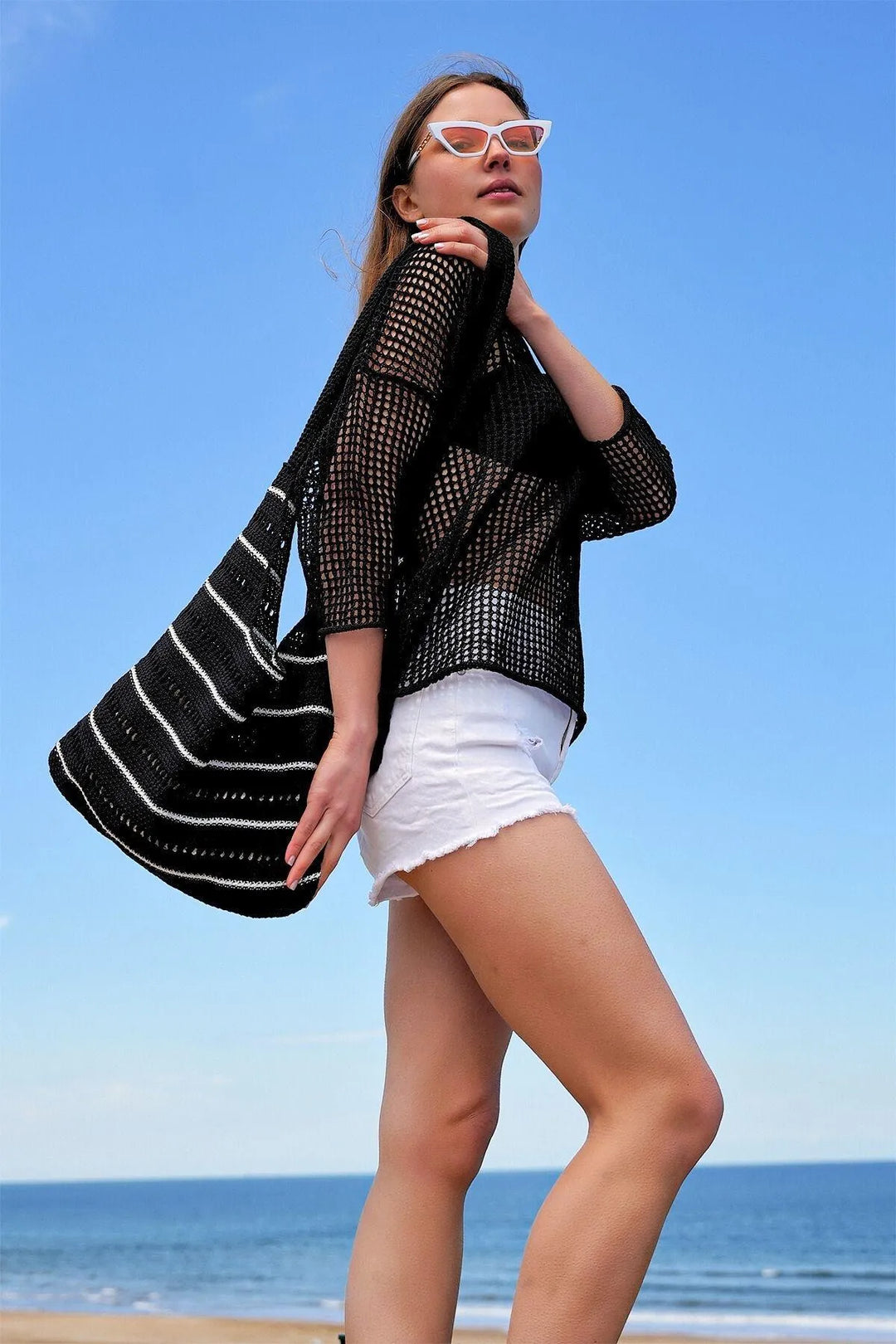 Striped Knitwear Cross Strap Casual Hand&Shoulder And Beach Bag Black- White