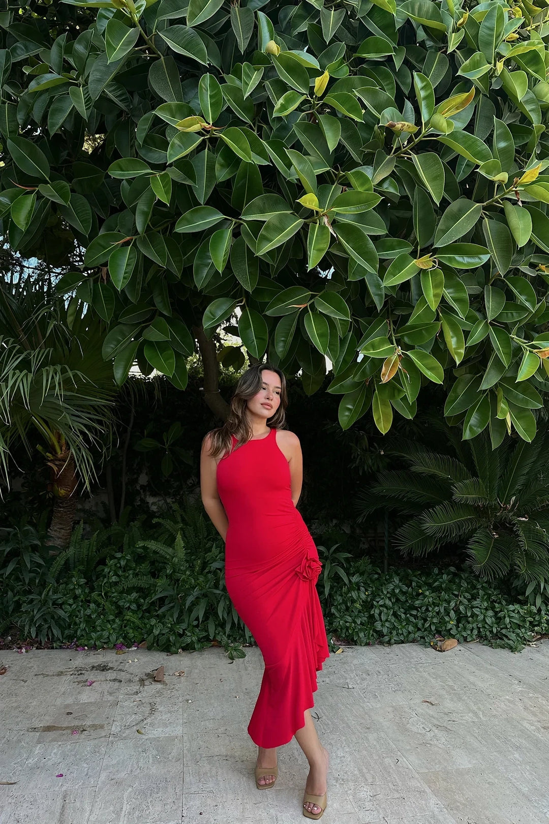 Red rose detail long dress with frilly