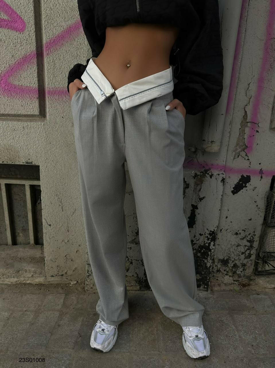 Folded Waist Trousers Palazzo Pants Fold Over Waistband Tailored Trousers in Light Grey - Noxlook.