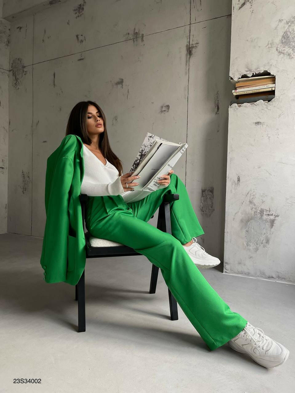 Green Pleated Waist Pants and Blazer Suit.