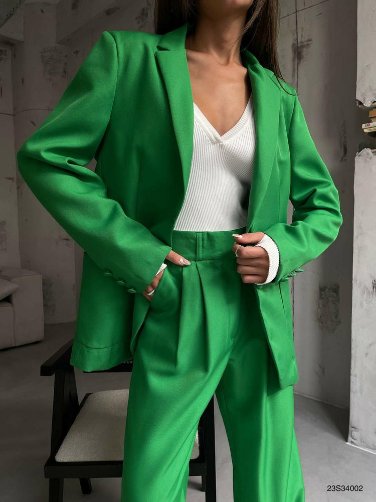 Green Pleated Waist Pants and Blazer Suit.