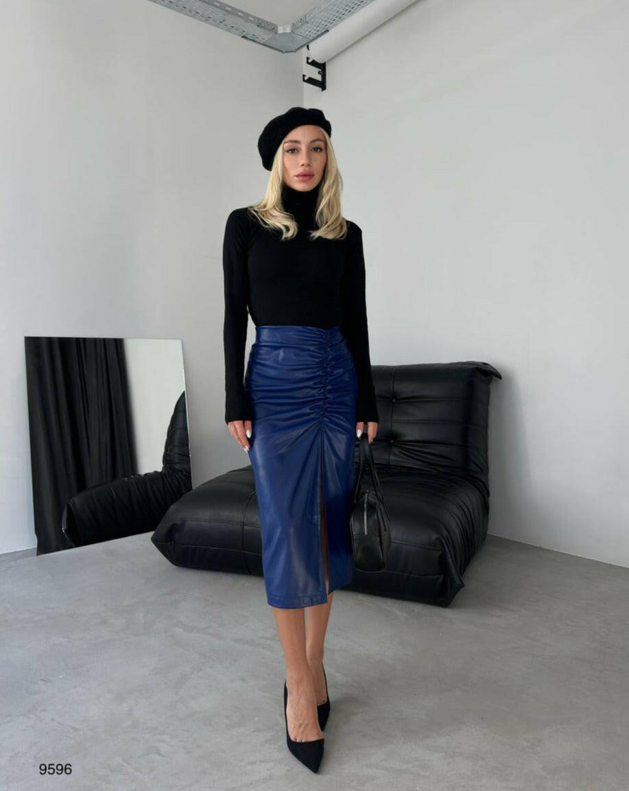 Shirred Midi Pencil Leather Skirt BF9596 Saxe Blue