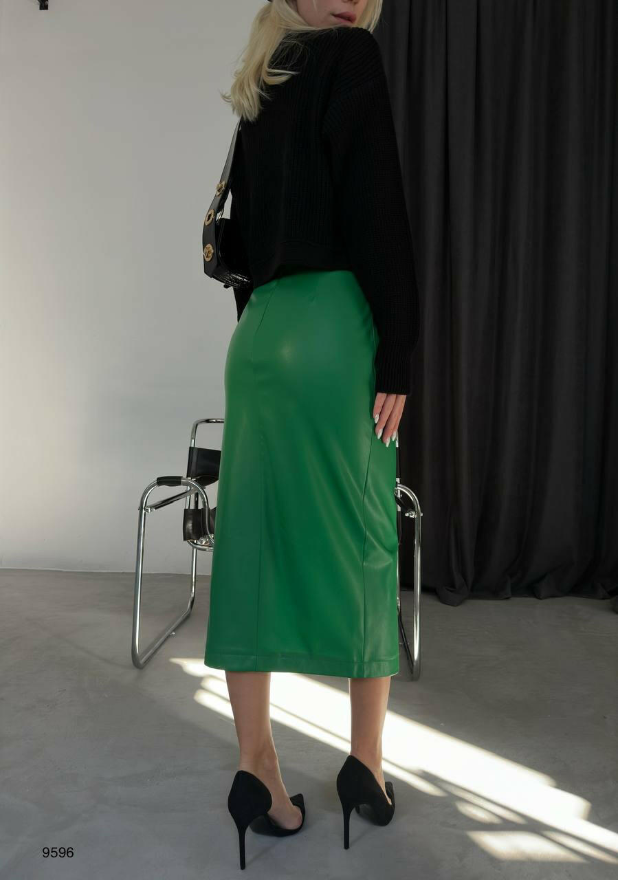 Shirred Midi Pencil Leather Skirt BF9596 Green