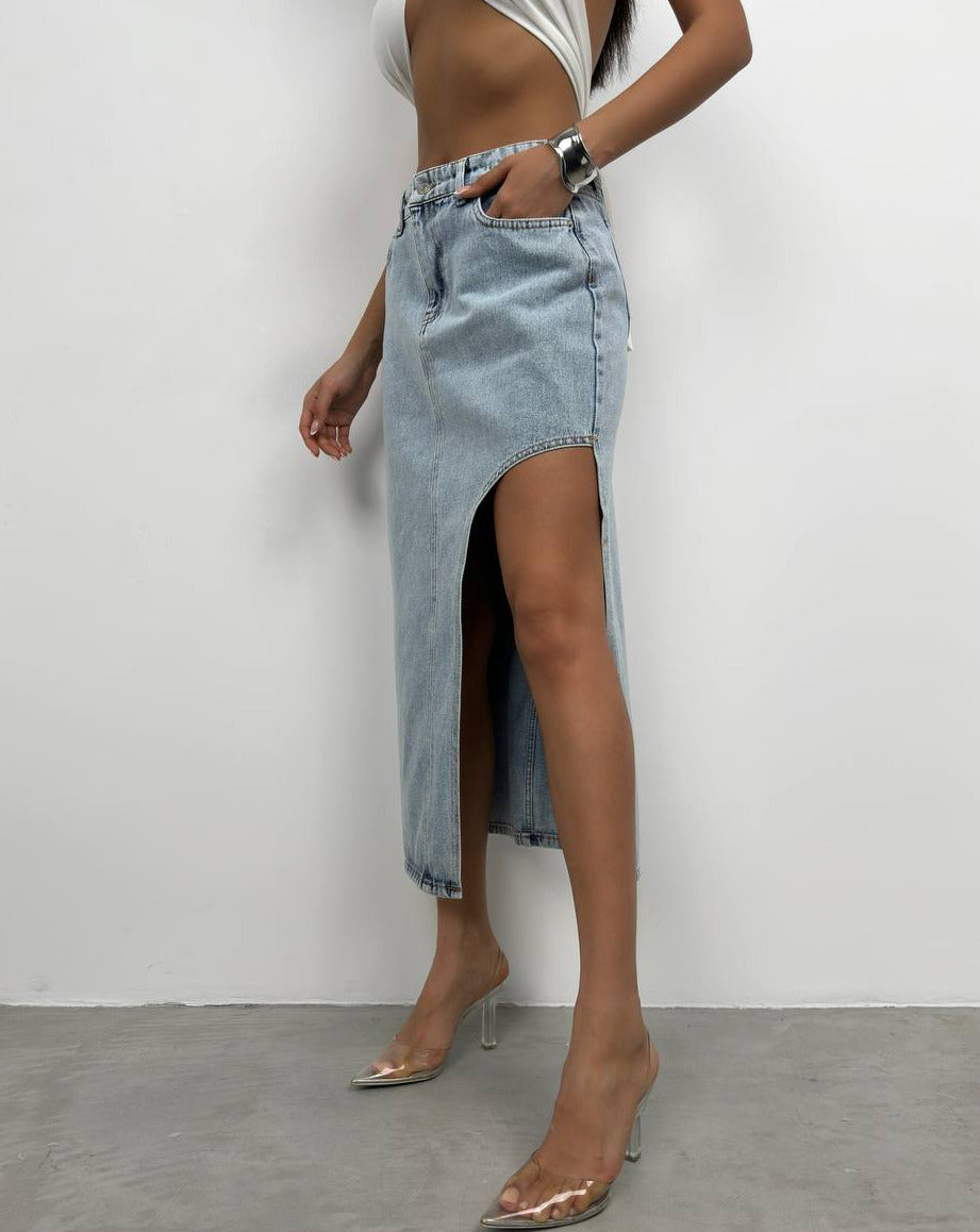 Asymmetric Denim Slit Skirt Blue Color - Noxlook