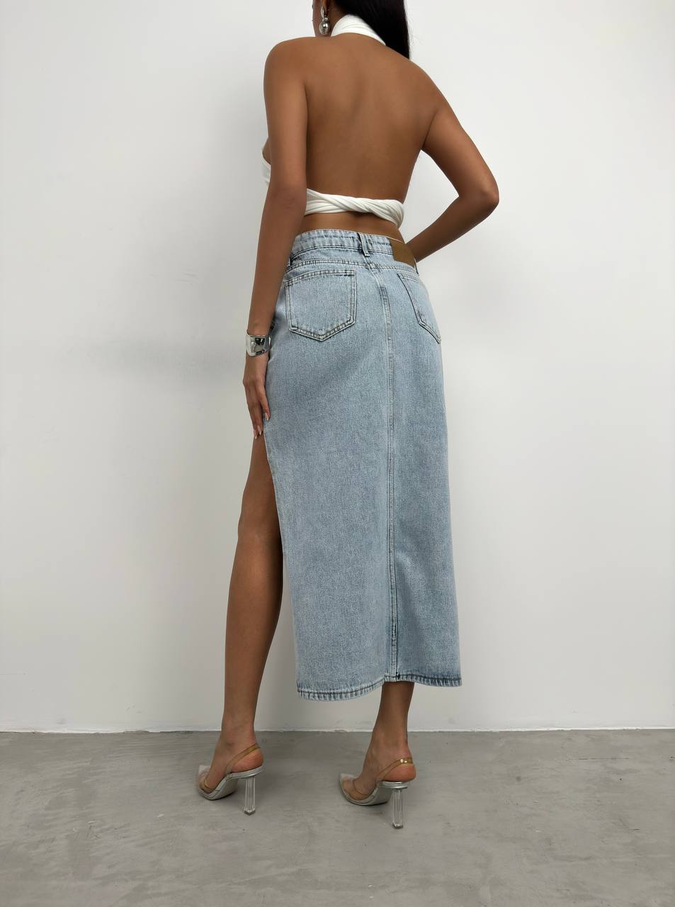 Asymmetric Denim Slit Skirt Blue Color - Noxlook