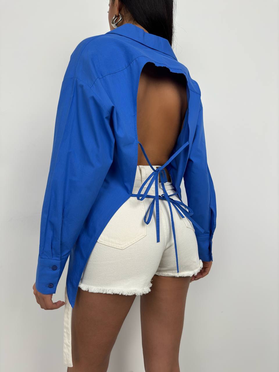 Backless Long Sleeveless Lace-up Shirt in Saxe Blue - Noxlook
