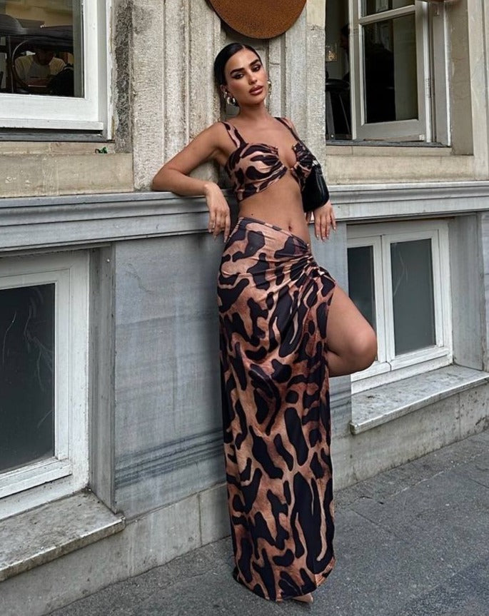 Leopard Patterned Deep Slit Suit