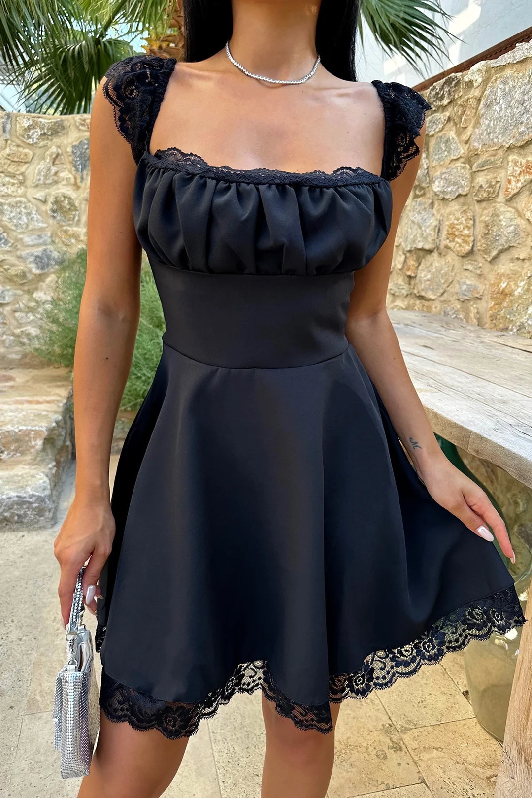 Black Lace Detail Binding Dress