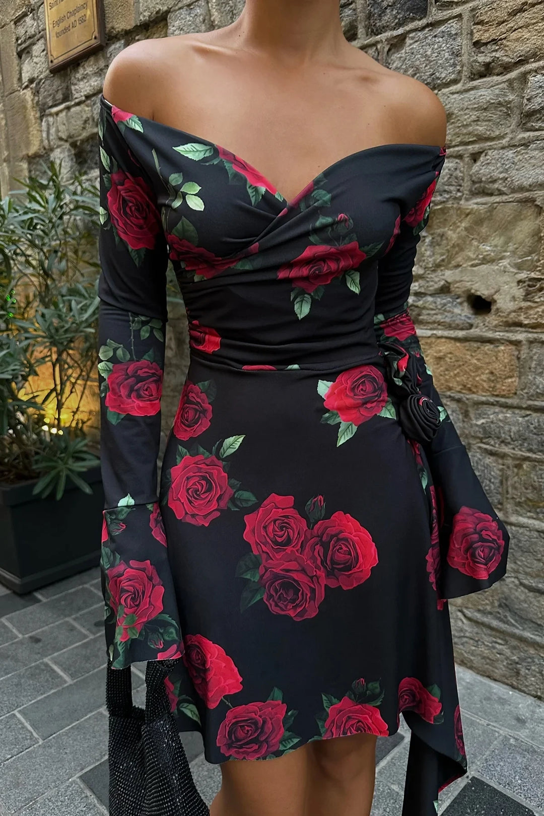 Black rose detail mini dress
