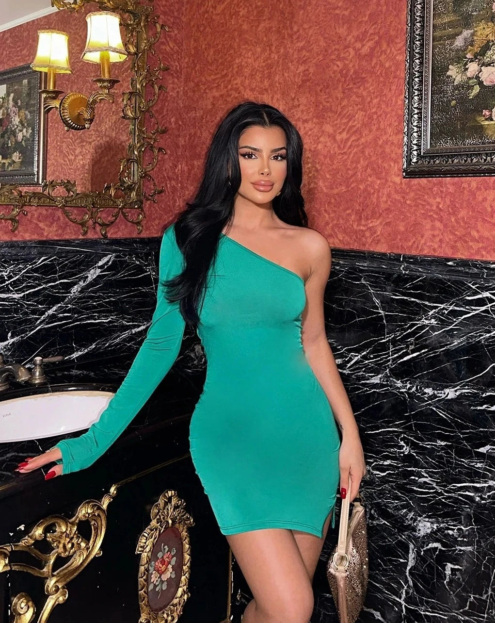 Green Single Sleeve Mini Dress