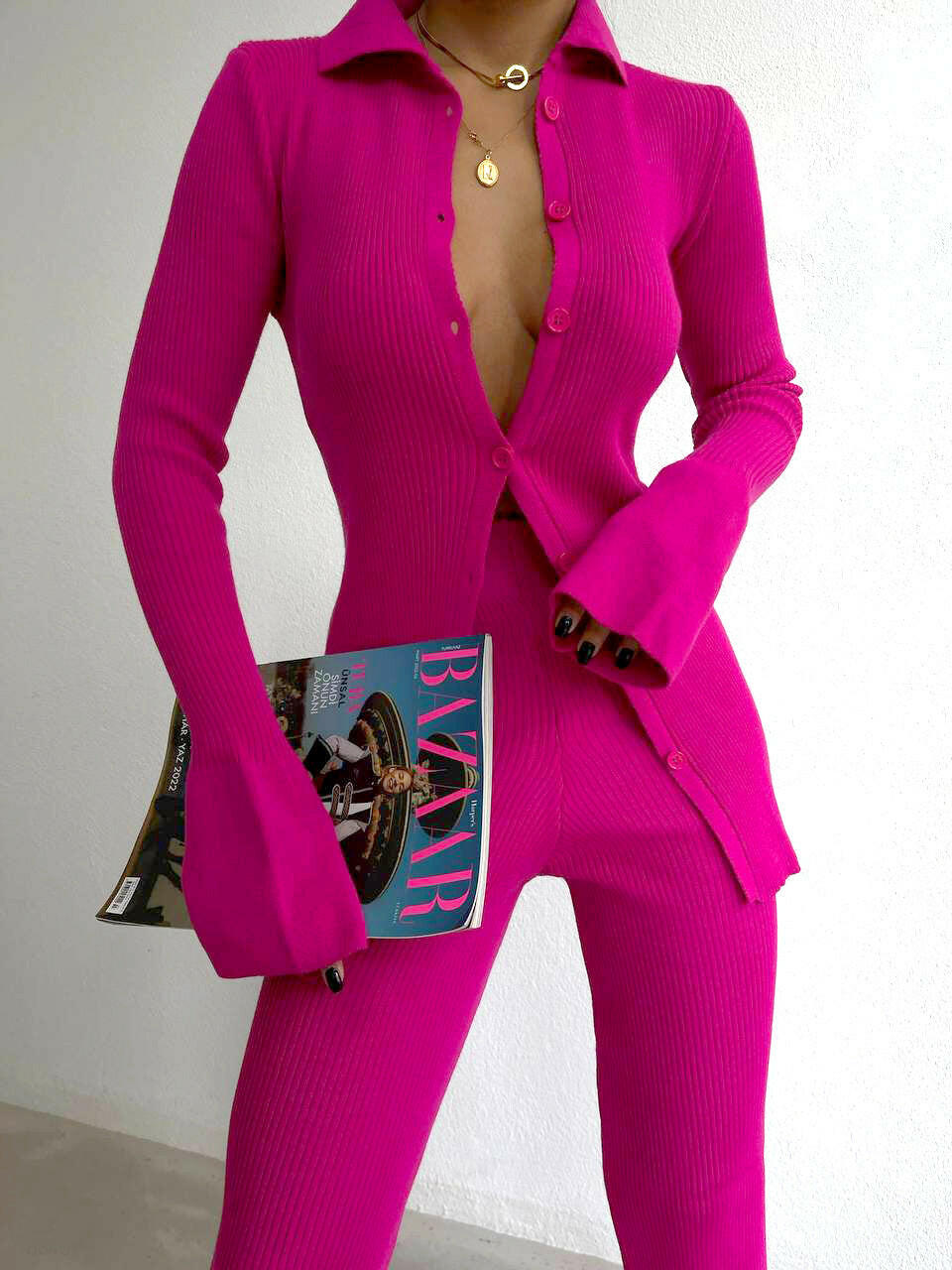 Polo Collar Cuffed Sleeve Blouse and Pants Set in Fuchsia - Noxlook.