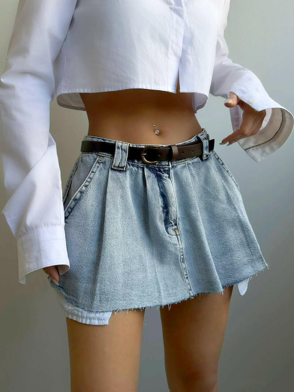 Mini Denim Pleated Skirt with Belt Detail Blue Color - Noxlook.