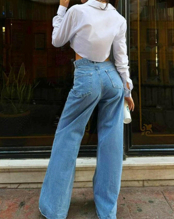 High-Waisted Palazzo Jeans in Blue - Noxlook.