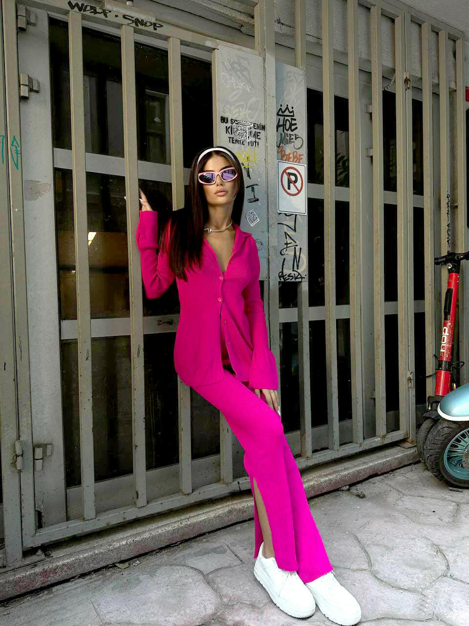 Polo Collar Cuffed Sleeve Blouse and Pants Set in Fuchsia - Noxlook.