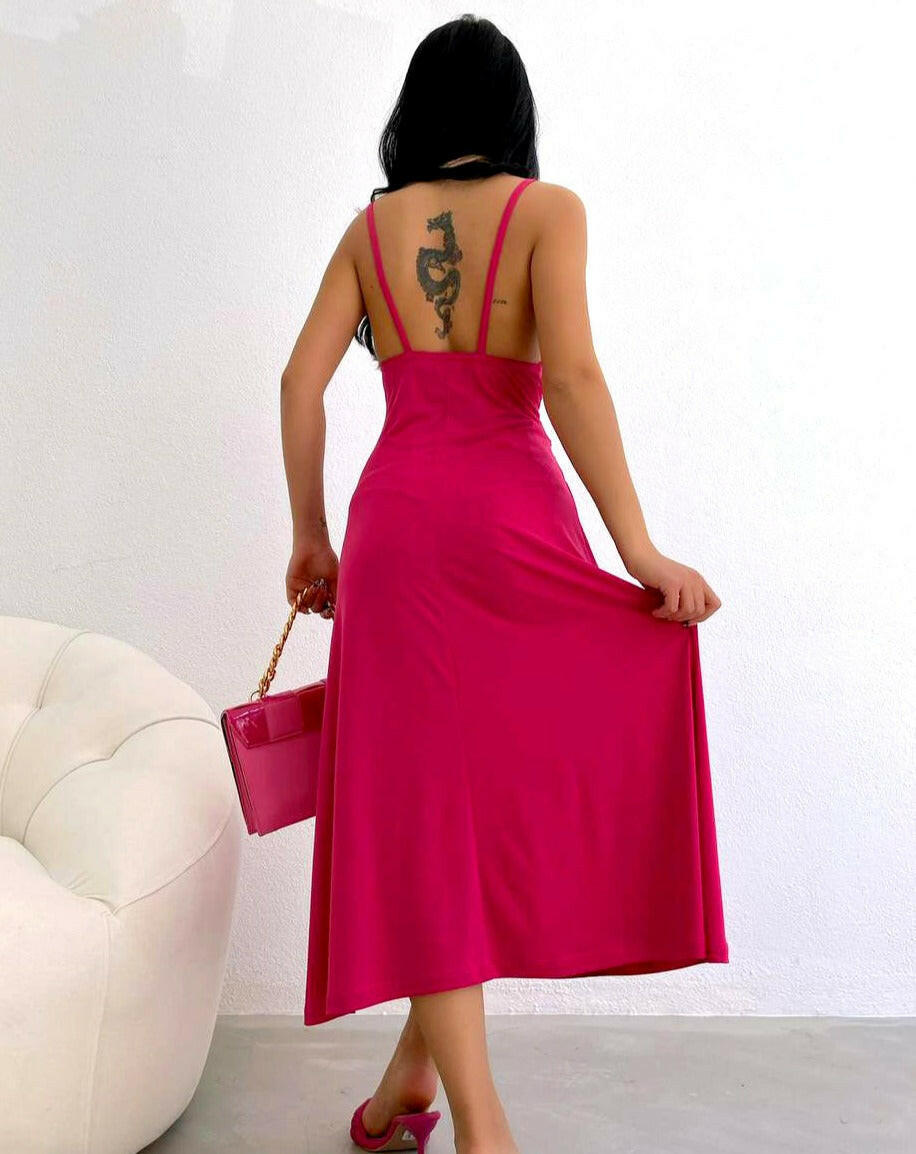 Gathered Front Midi Dress (with Strap) in Pink Color - Noxlook.