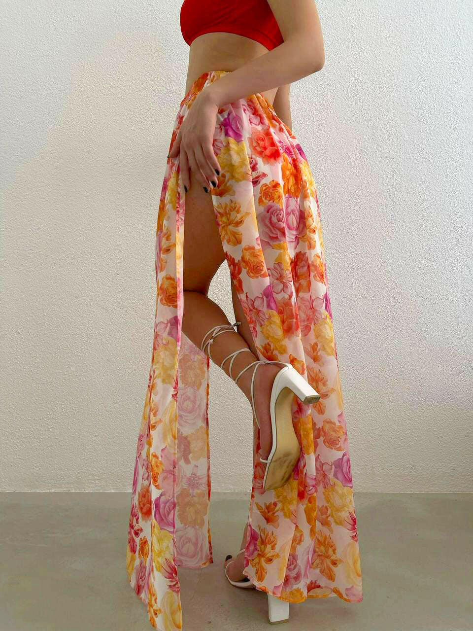 Both Side Slit Colorful Pareo in Orange-White - Noxlook.