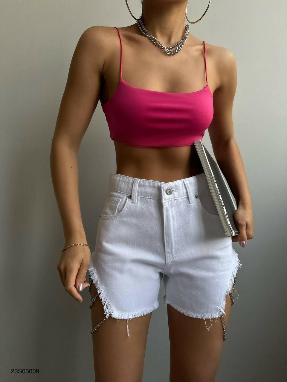 Chain Detail Denim Shorts in White