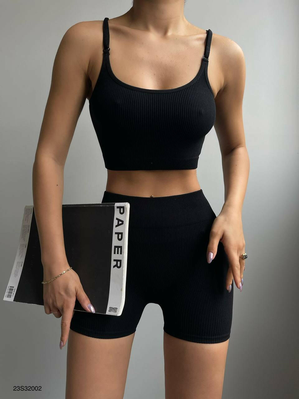 Knit Seamless Bike Shorts and Strappy Sport Bra Workout Set in Black