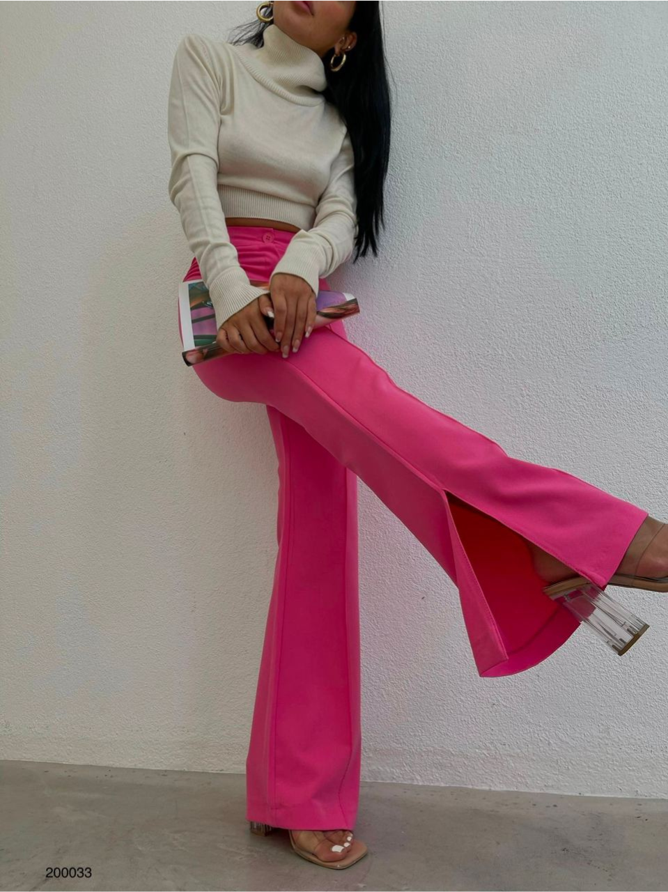 Office Wear Trousers Side Split Hems in Pink - Noxlook.