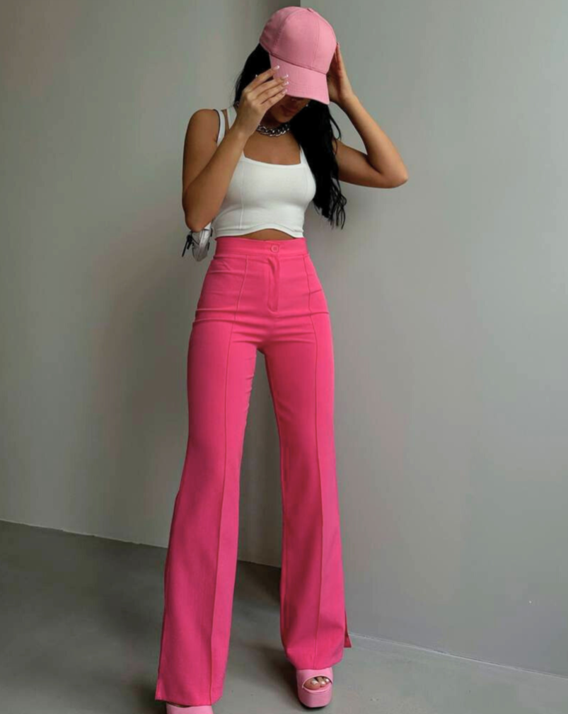 Office Wear Trousers Side Split Hems in Pink - Noxlook.