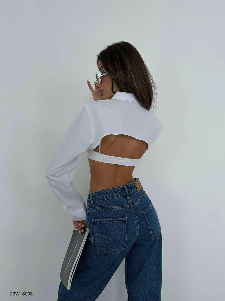 Oval Cut Long Sleeve Crop Tee Tank Shirt in White - Noxlook.