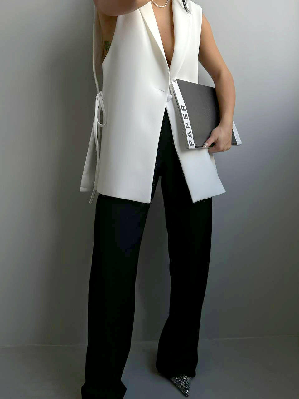 Sleeveless Blazer Vest with Side Tie Up in White - Noxlook