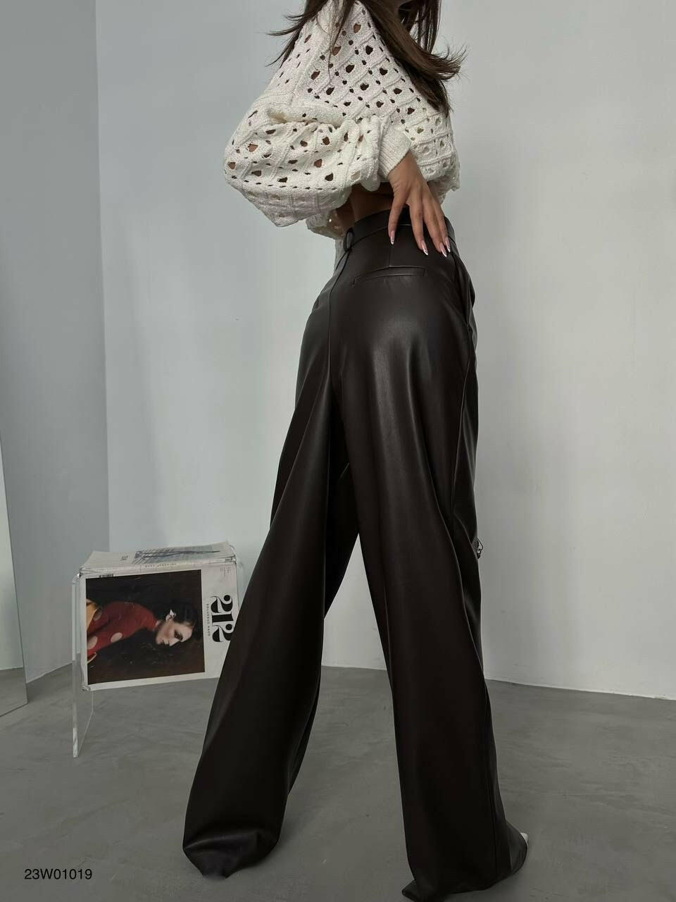 Pleated Wide-Leg Leather Pants Brown  - Noxlook.