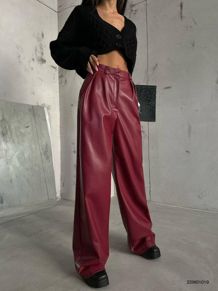 Pleated Wide-Leg Leather Pants Burgundy  - Noxlook.