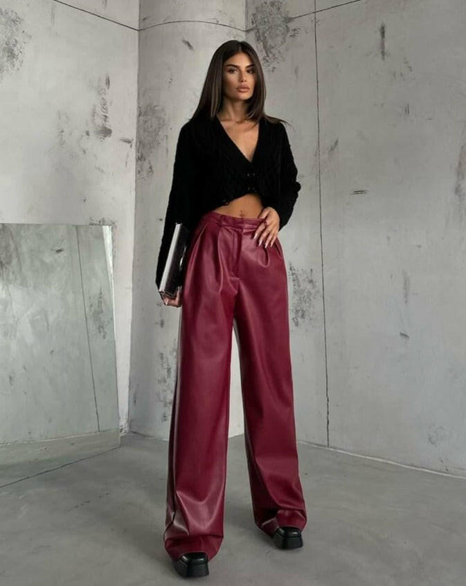 Pleated Wide-Leg Leather Pants Burgundy  - Noxlook.
