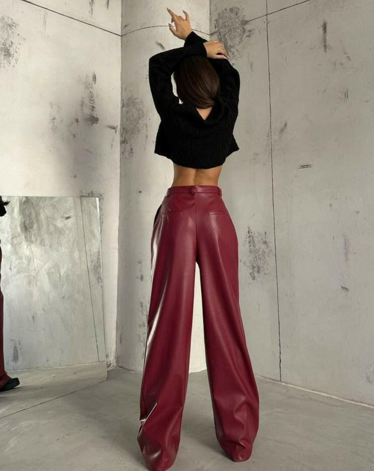Pleated Wide-Leg Leather Pants Burgundy  - Noxlook.