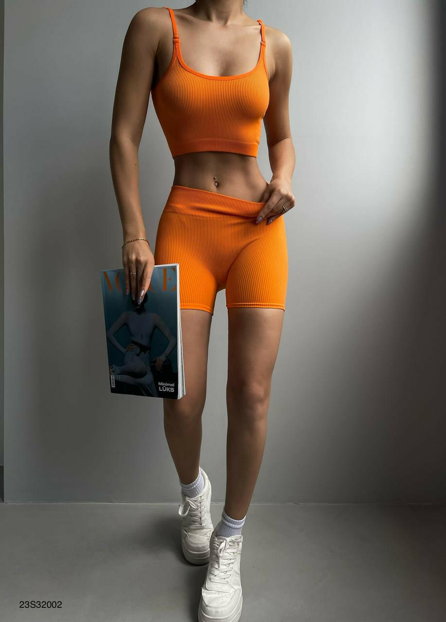 Womens Workout Set 2 Piece Strappy Sports Bra Seamless High Waisted in Orange