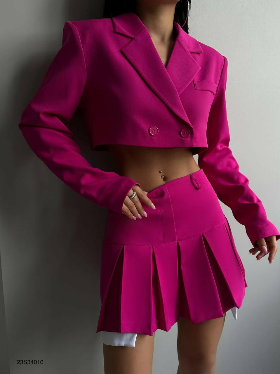 Short Jacket Suit Pleated Skirt Two Piece Set Fuchsia - Noxlook
