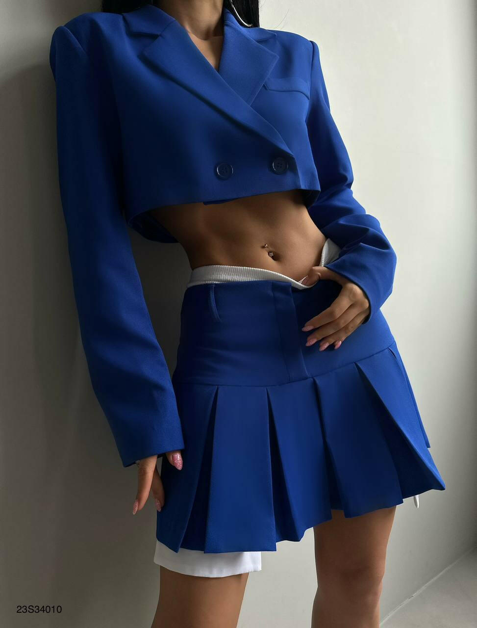 Short Jacket Suit Pleated Skirt Two Piece Set Saxe Blue - Noxlook
