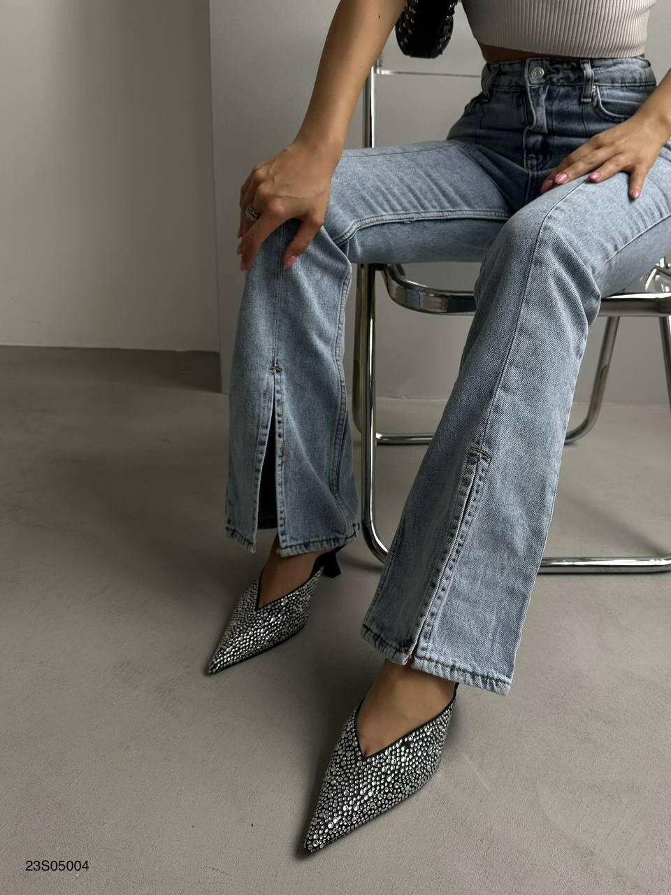 High Waist Split Ankle Front Jean Light Blue - Noxlook.