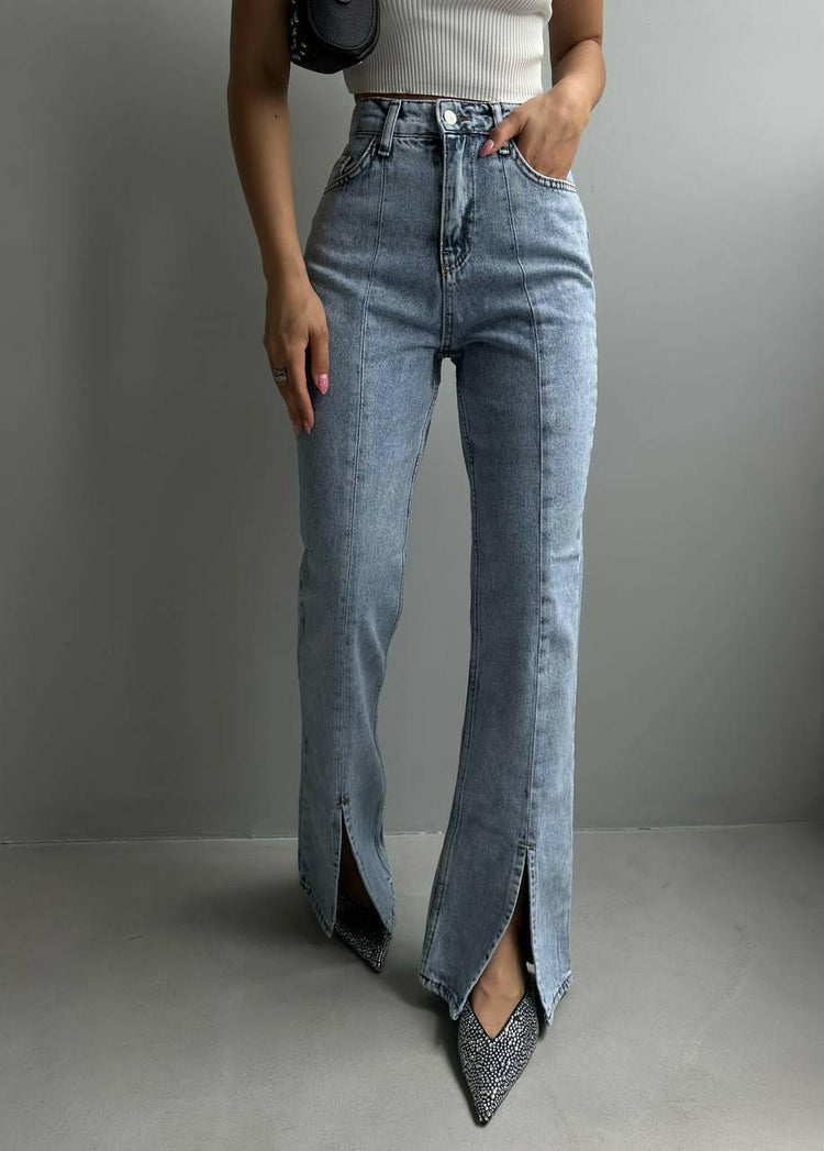 High Waist Split Ankle Front Jean Light Blue - Noxlook.