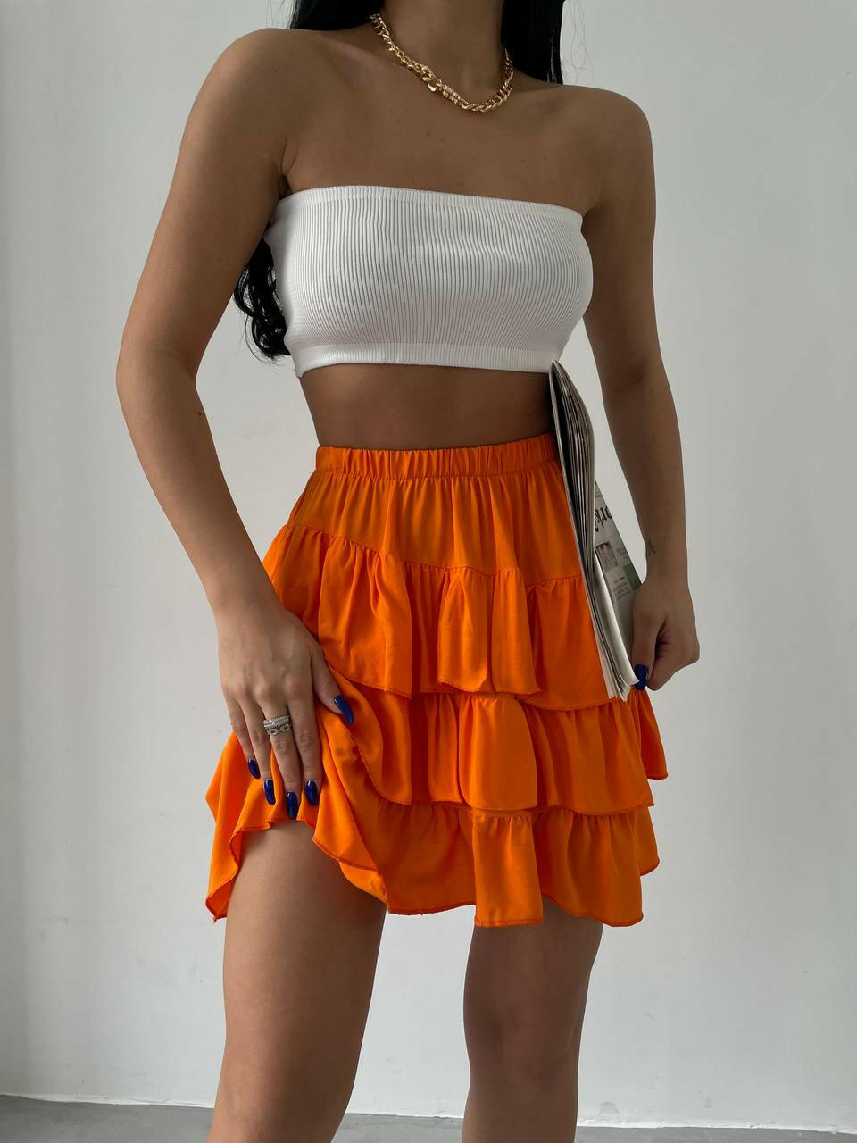 High Waisted Layered Cut Mini Pleated Skirt Orange - Noxlook.